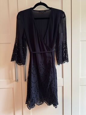AllSaints Black Lace Wrap Mini Dress